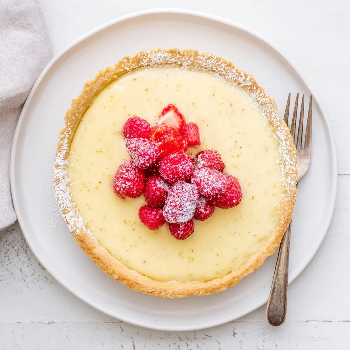 Golden vanilla bean pastry cream tart with silky custard filling in a buttery crisp crust