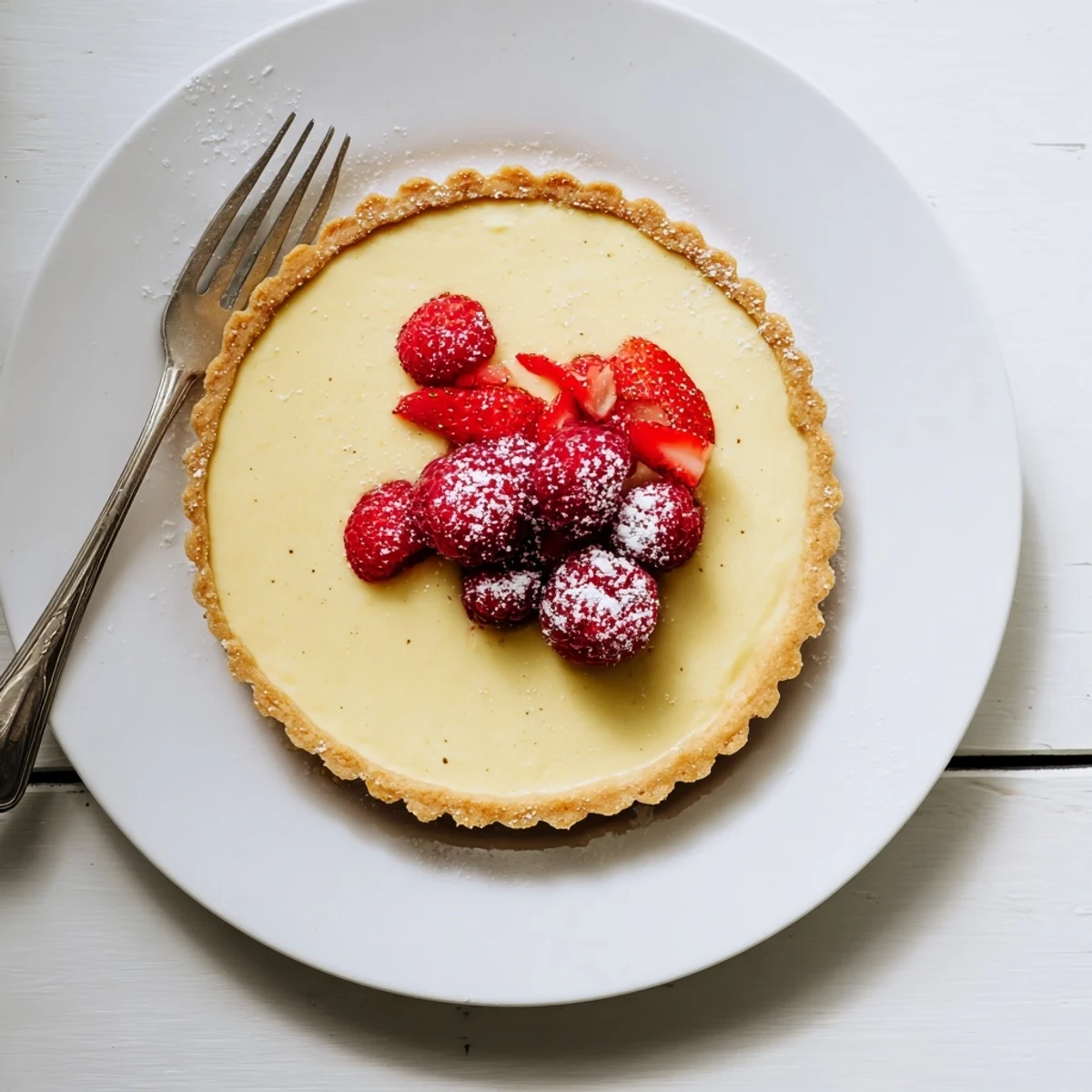 Elegant French vanilla bean tart featuring smooth pastry cream and glossy golden baked crust