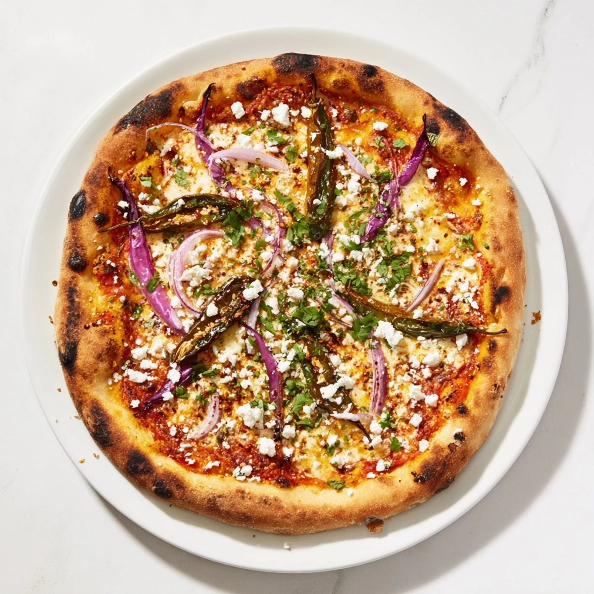 Golden crust pizza topped with roasted poblano peppers and melted mozzarella cheese