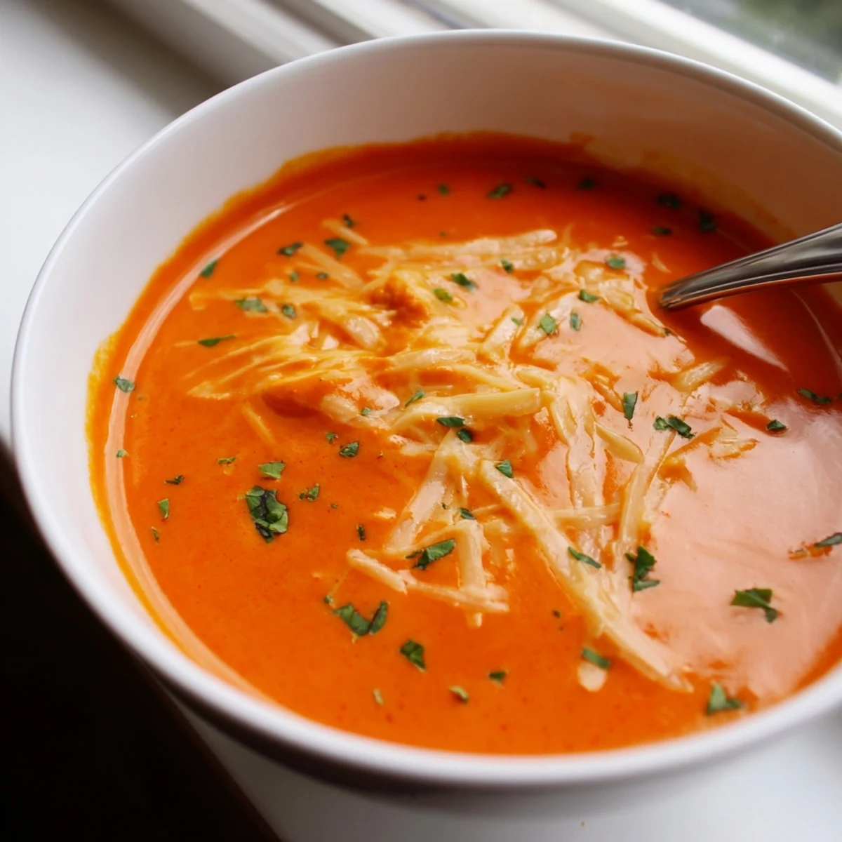 Creamy roasted red pepper Gouda soup garnished with fresh chives in a white bowl.