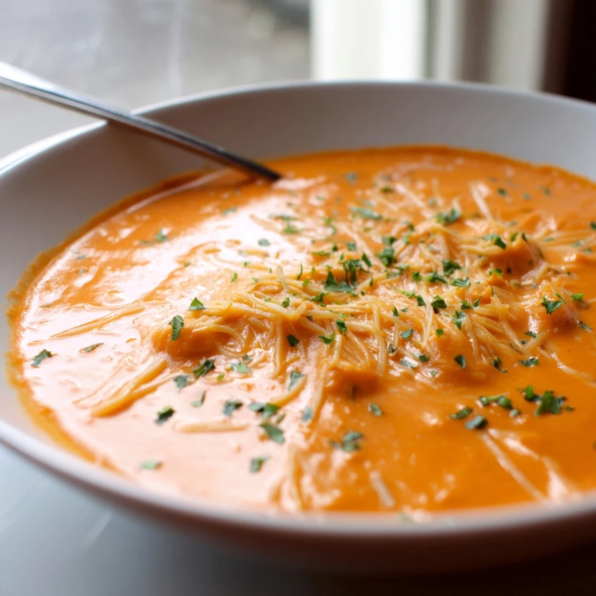 Velvety red pepper and smoked Gouda soup steaming in a rustic ceramic serving bowl.