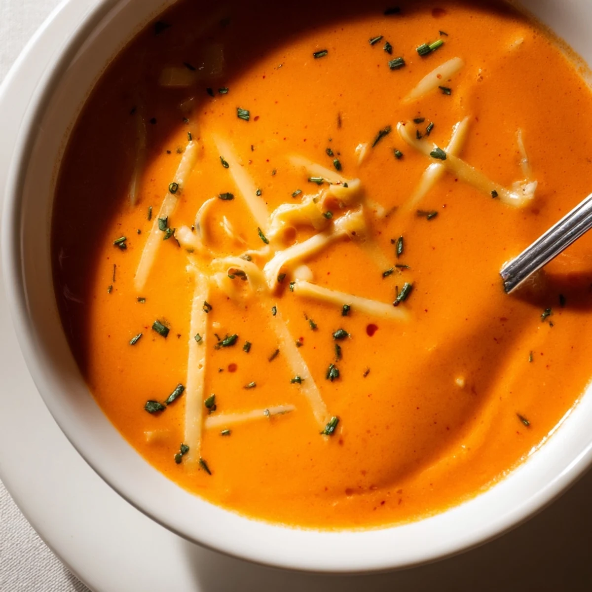 Savory roasted red pepper soup with melted Gouda and parsley sprinkled on top.