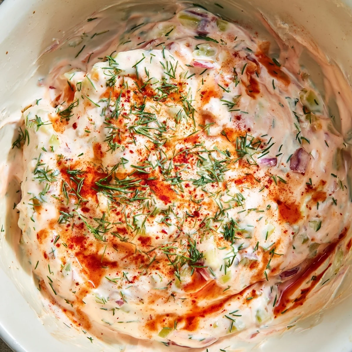 Creamy spicy dill pickle burger sauce with visible pickle chunks and fresh herbs
