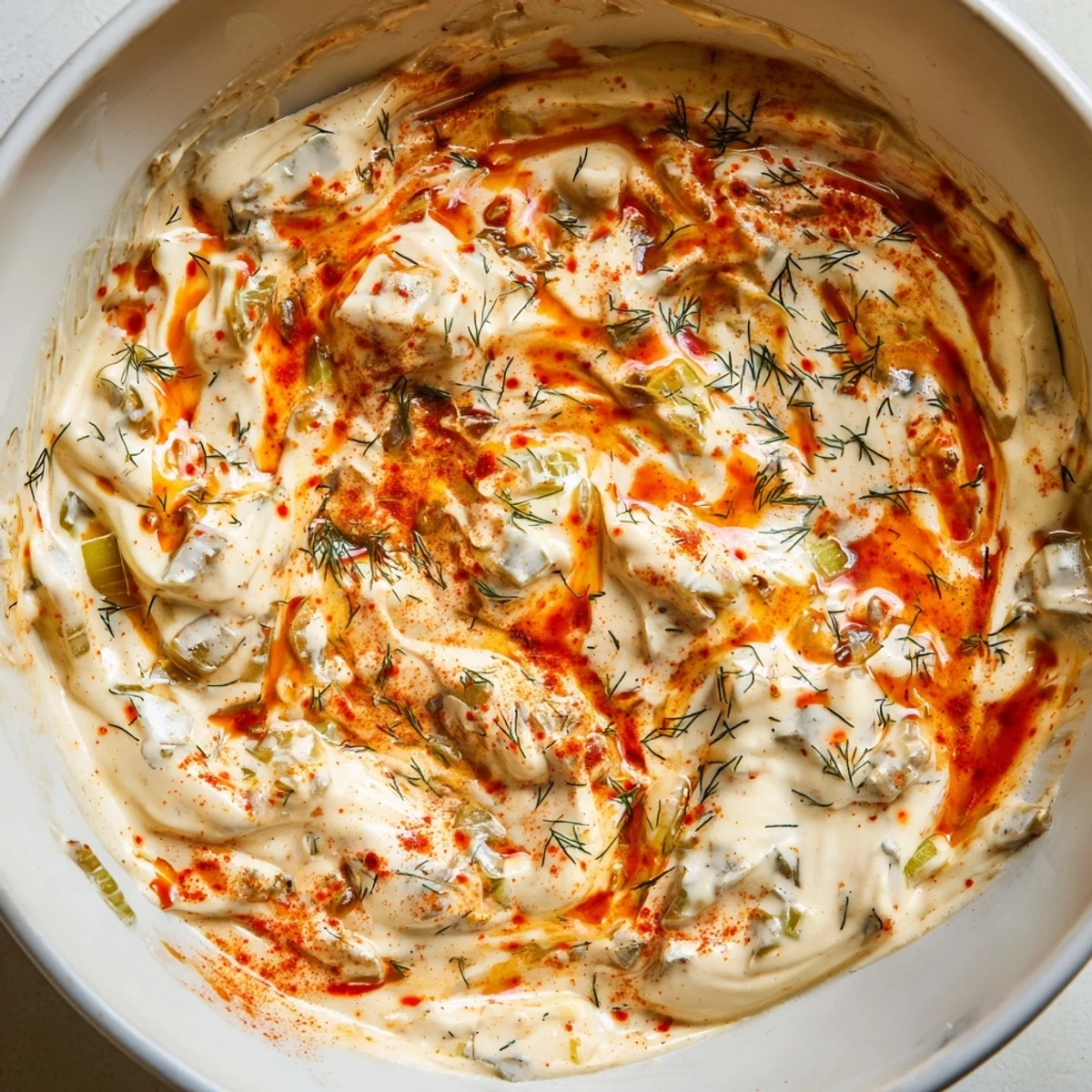 Spoon scooping thick spicy dill pickle burger sauce with red onion and dill