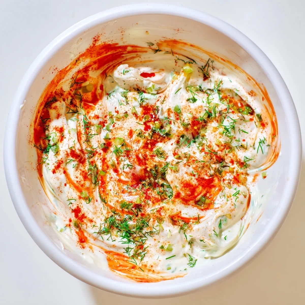 Close-up of tangy spicy dill pickle burger sauce served in white ramekin