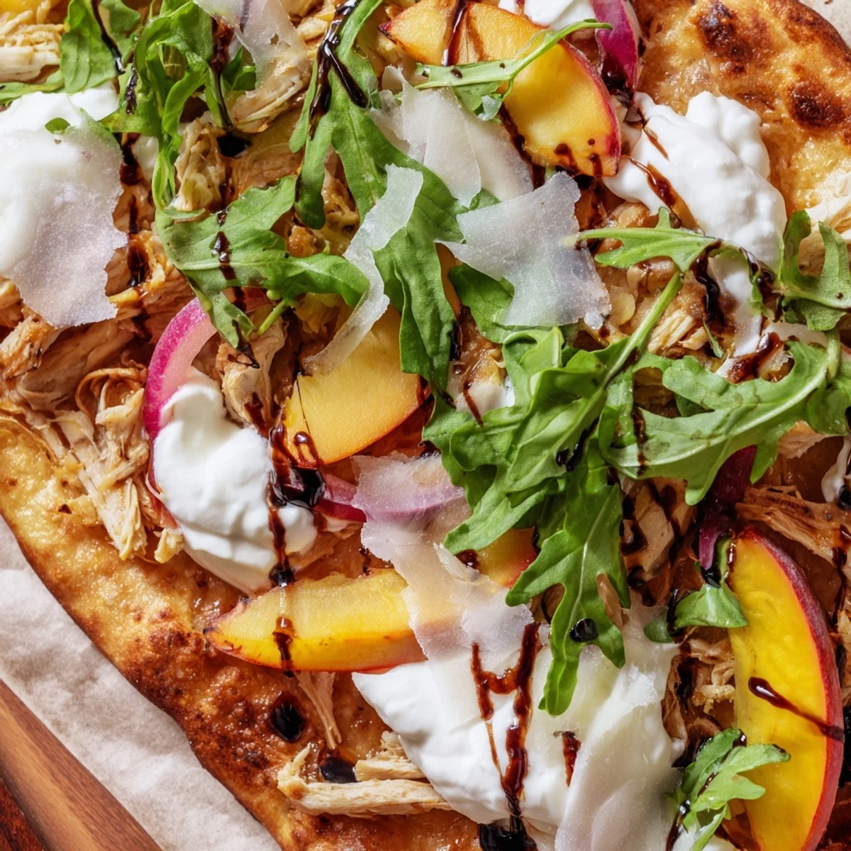 Golden chicken peach ricotta pizza topped with fresh arugula and drizzled balsamic glaze
