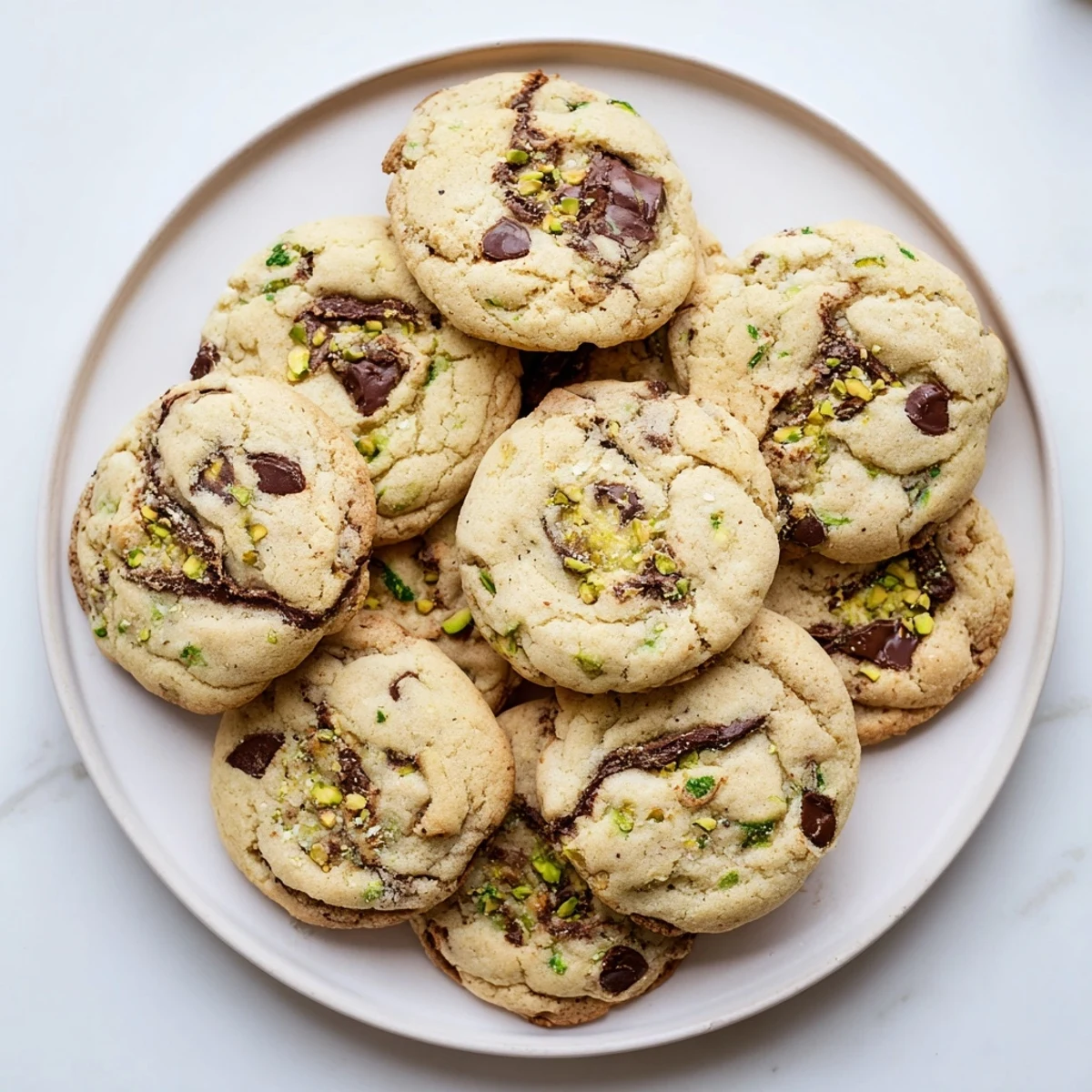 Soft pistachio cream chocolate chip cookies fresh from oven with golden edges