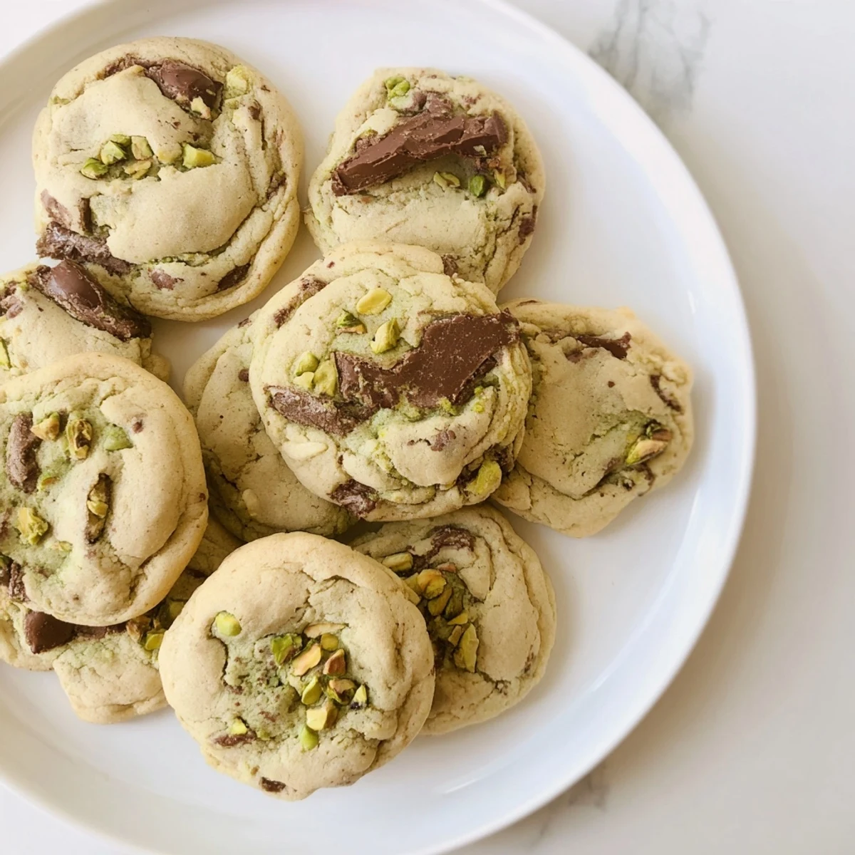 Chewy pistachio cream chocolate chip cookies studded with melty chocolate chips and green pistachio pieces
