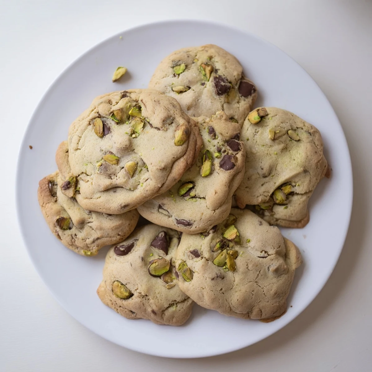 Batch of homemade pistachio cream chocolate chip cookies cooling on wire rack