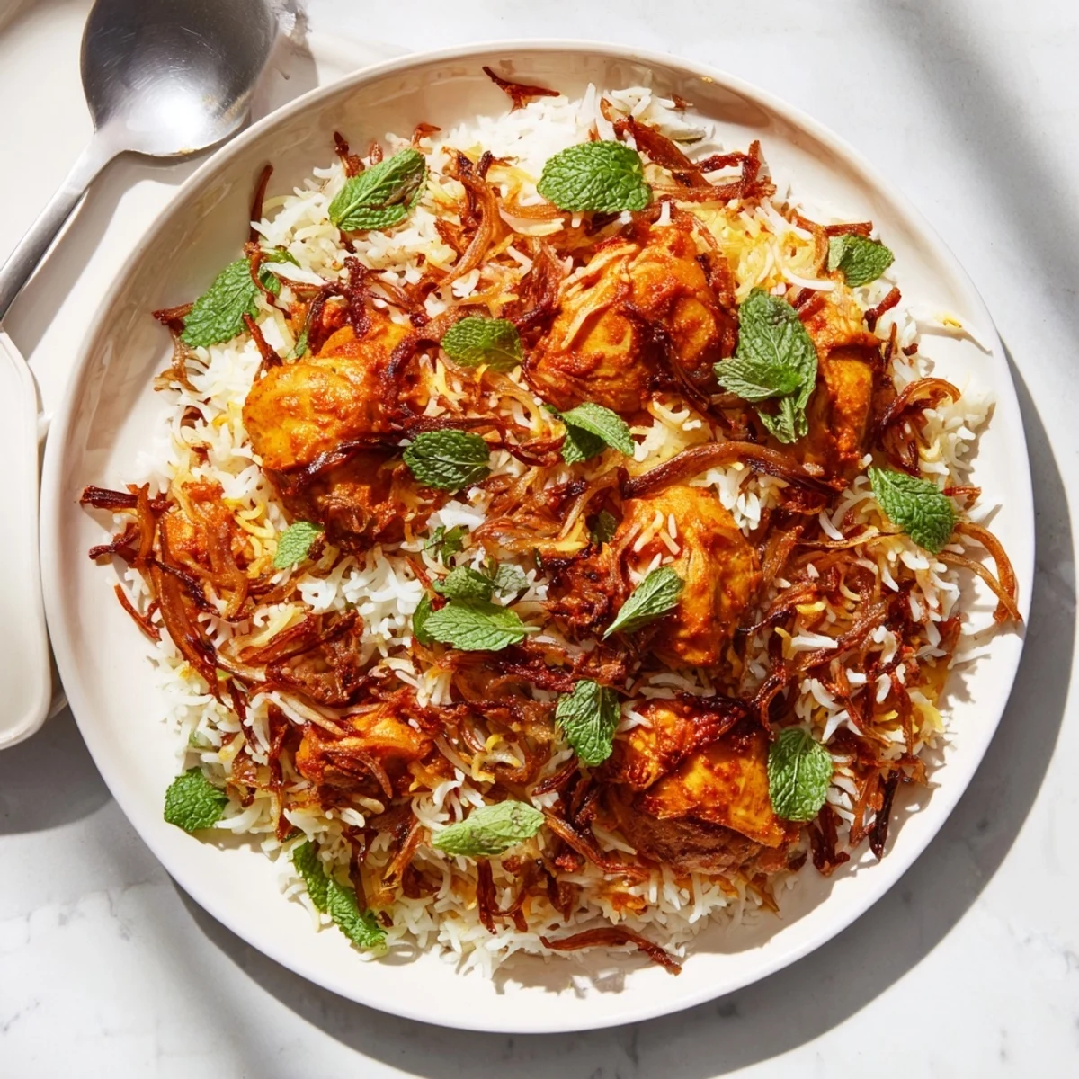 Golden butter chicken biryani layered with fluffy saffron rice and fresh herbs