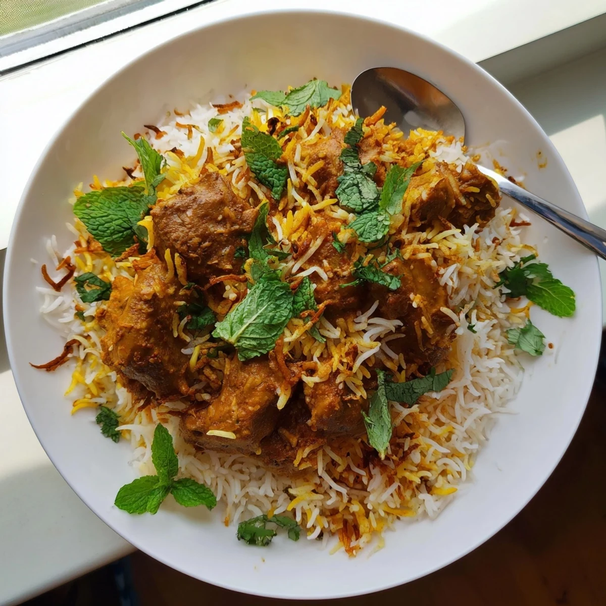 Creamy butter chicken nestled between spiced basmati rice layers in biryani