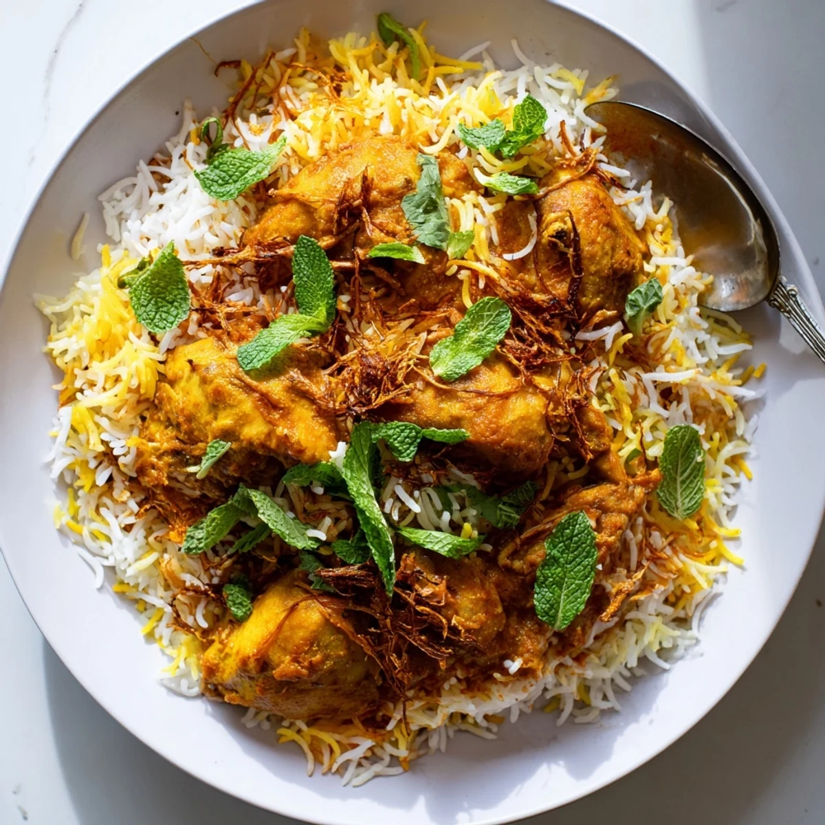 Fragrant Indian butter chicken biryani topped with crispy fried onions and mint
