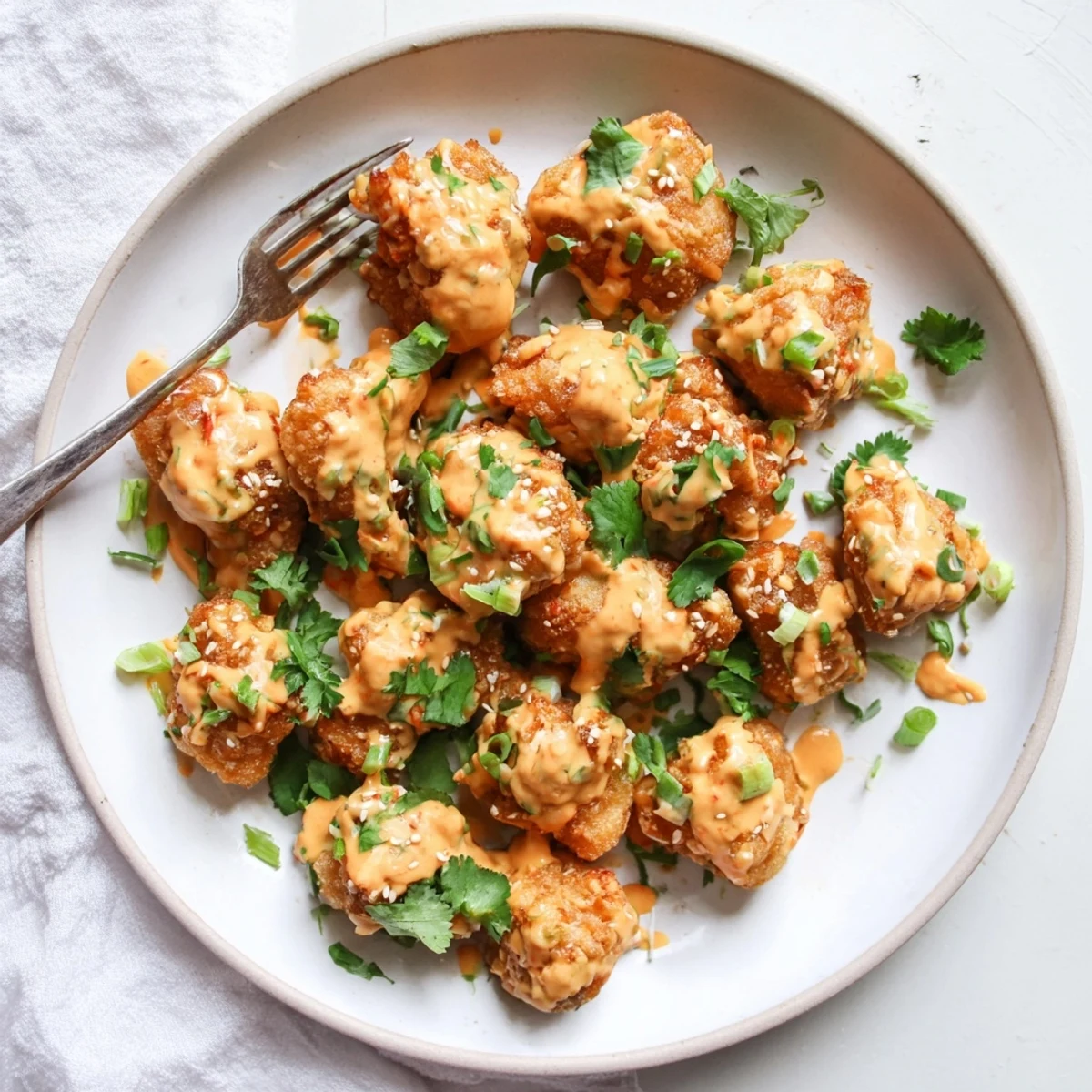 Golden crispy Spicy Bang Bang Chicken coated in creamy red sauce garnished with scallions