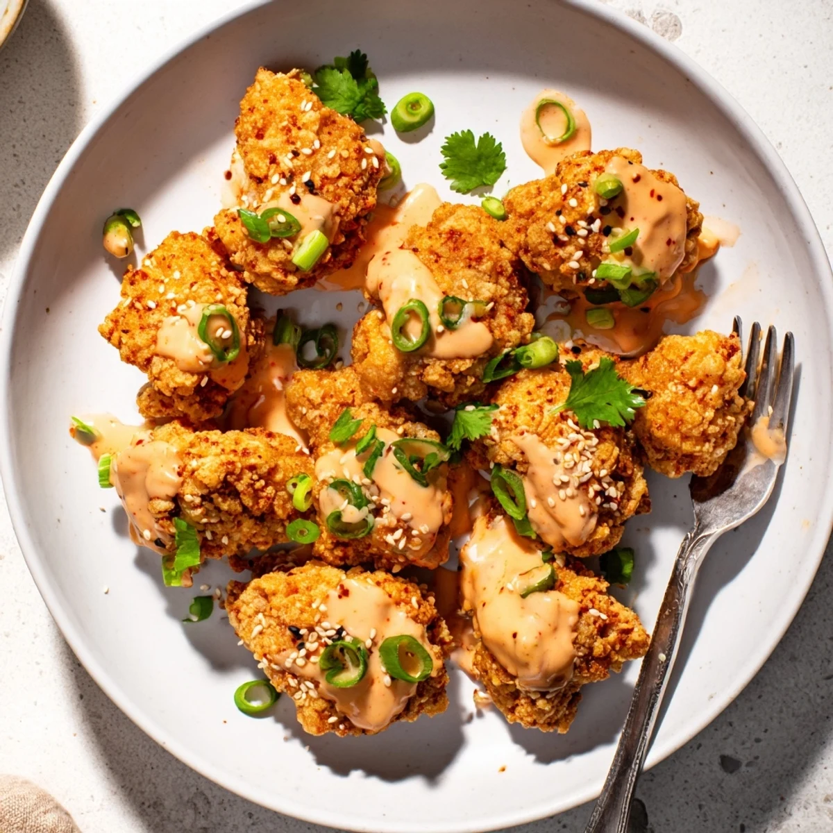 Plate of Spicy Bang Bang Chicken pieces drizzled with spicy mayo and sesame seeds