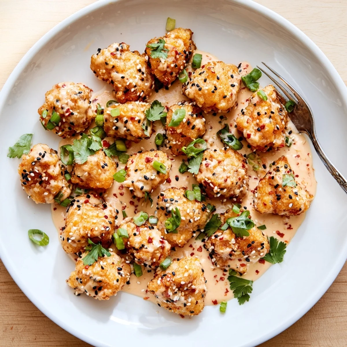 Crispy fried Spicy Bang Bang Chicken tossed in sweet chili Sriracha sauce with cilantro
