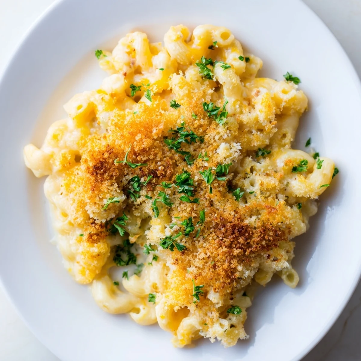Creamy baked mac and cheese bubbling with melted cheddar and golden breadcrumb crust