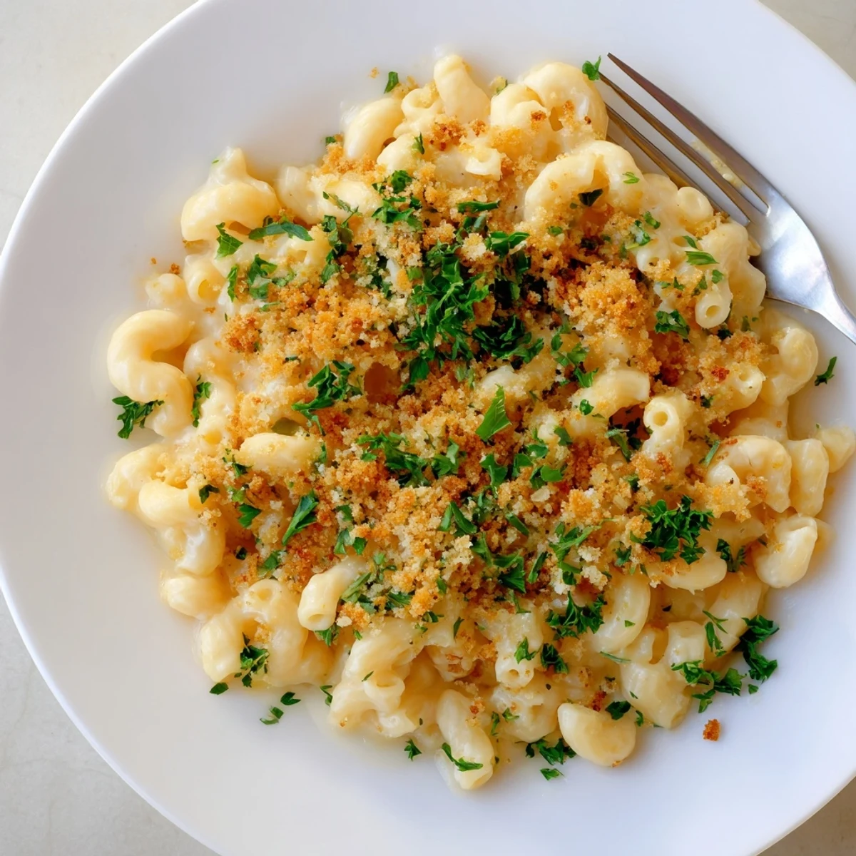 Homemade baked mac and cheese with gooey cheese sauce and buttery crunchy topping