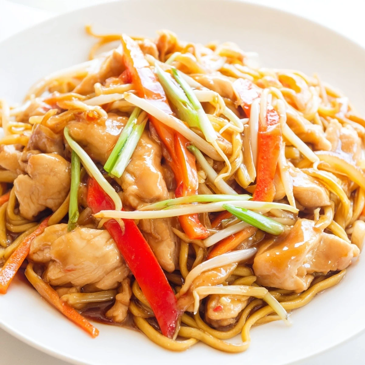 Golden chicken chow mein noodles tossed with colorful vegetables in a savory dark brown glossy sauce