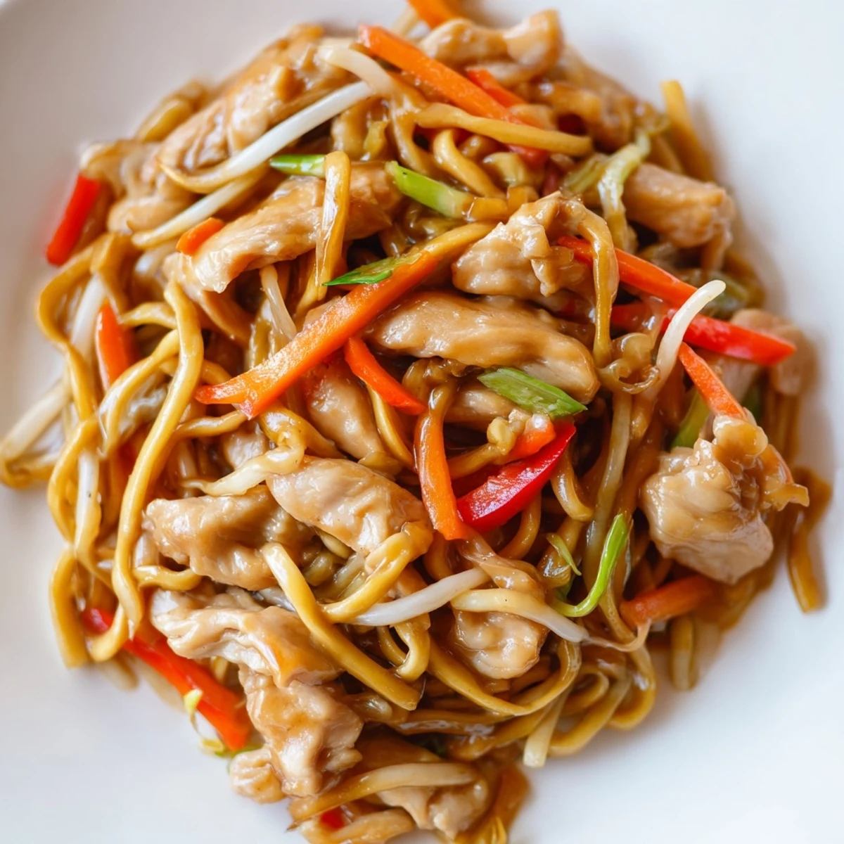 Steamy plate of chicken chow mein stir-fry featuring tender sliced meat and crisp bean sprouts