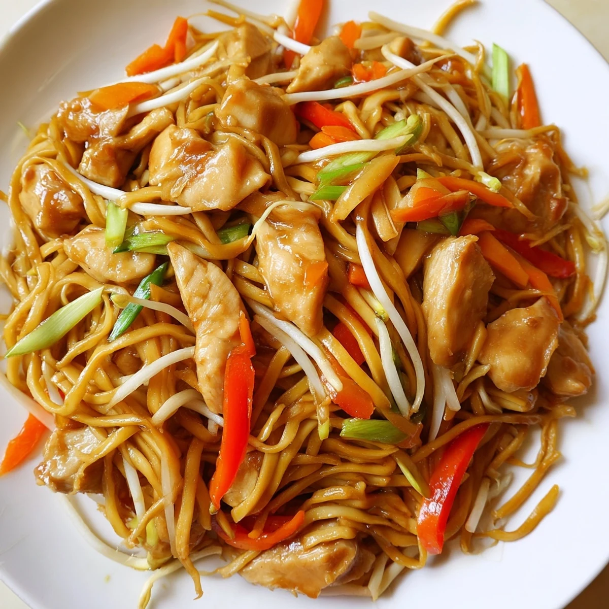 Close-up of chicken chow mein dish piled high with julienne carrots, bell peppers, and spring onions