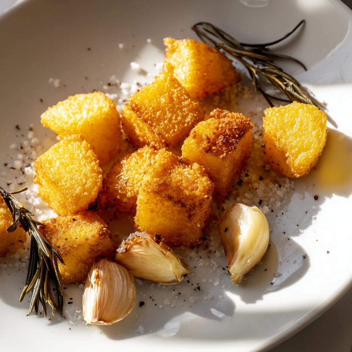 Golden brown perfect crispy roast potatoes with fluffy interiors scattered on a white serving platter