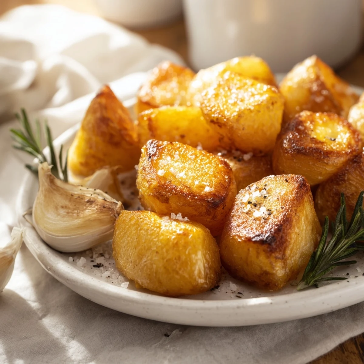 Perfect crispy roast potatoes displaying crunchy golden crusts piled high in a rustic ceramic serving bowl