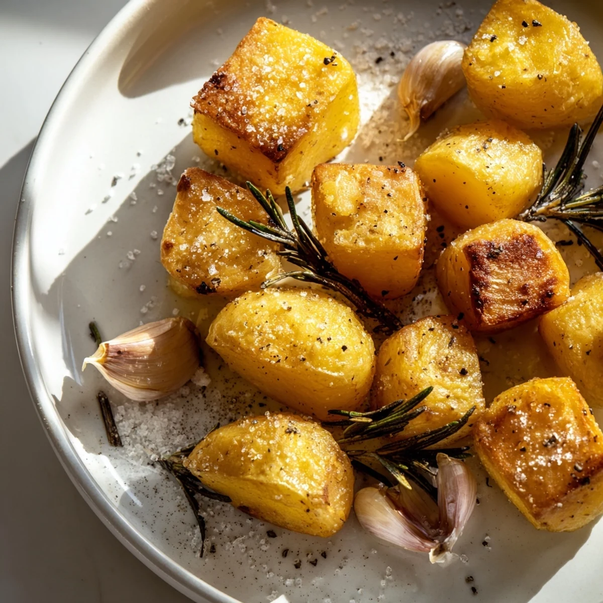 Steam rising from hot perfect crispy roast potatoes alongside fresh rosemary sprigs on a wooden board