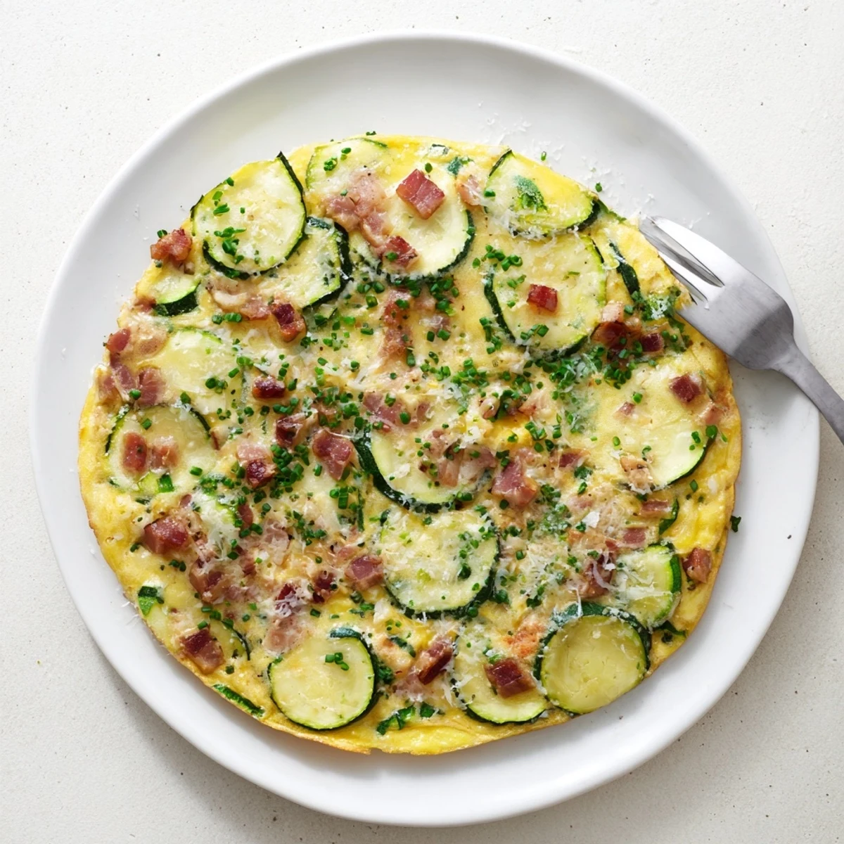 Golden Zucchini Herb and Pancetta Frittata with crispy pancetta bits and fresh green herbs