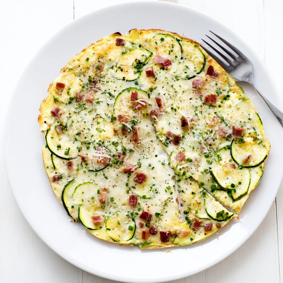 Homemade zucchini herb frittata topped with crispy pancetta, served warm on a white plate