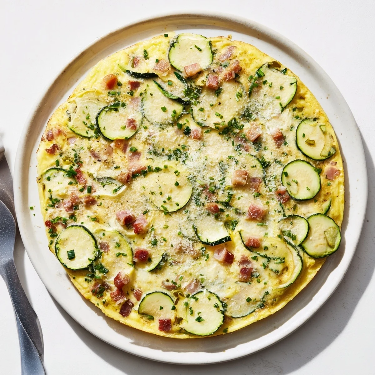 Savory Italian frittata featuring tender zucchini slices, pancetta, and parmesan baked to golden perfection