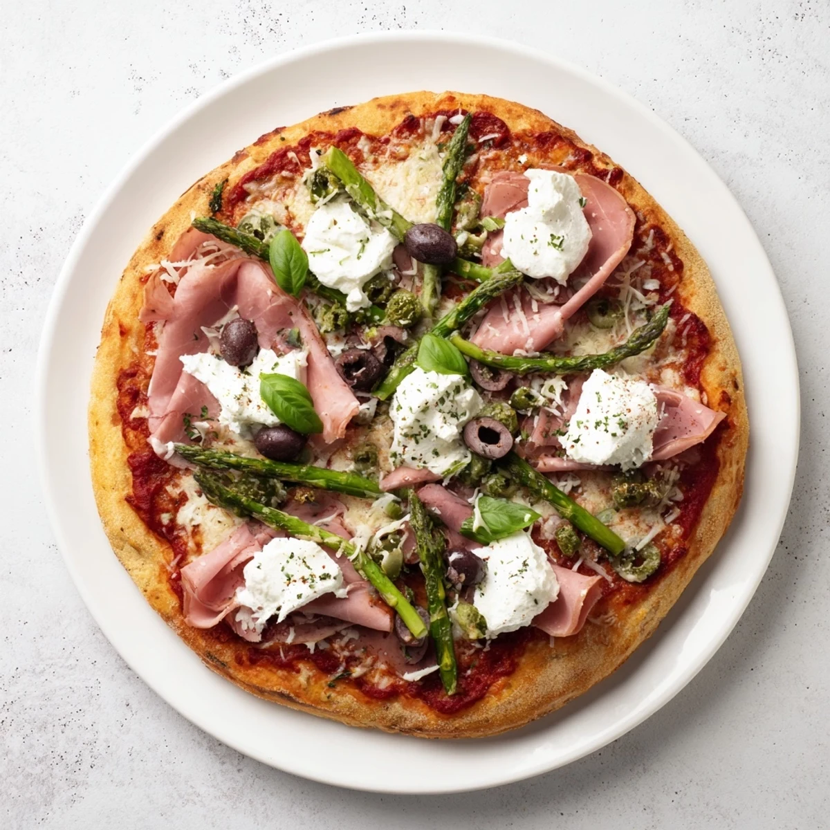 Golden ham olive asparagus ricotta pizza bubbling with melted mozzarella on a crisp browned crust