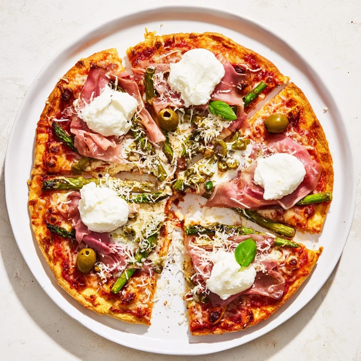 Savory ham olive asparagus ricotta pizza topped with fresh basil after baking to golden perfection
