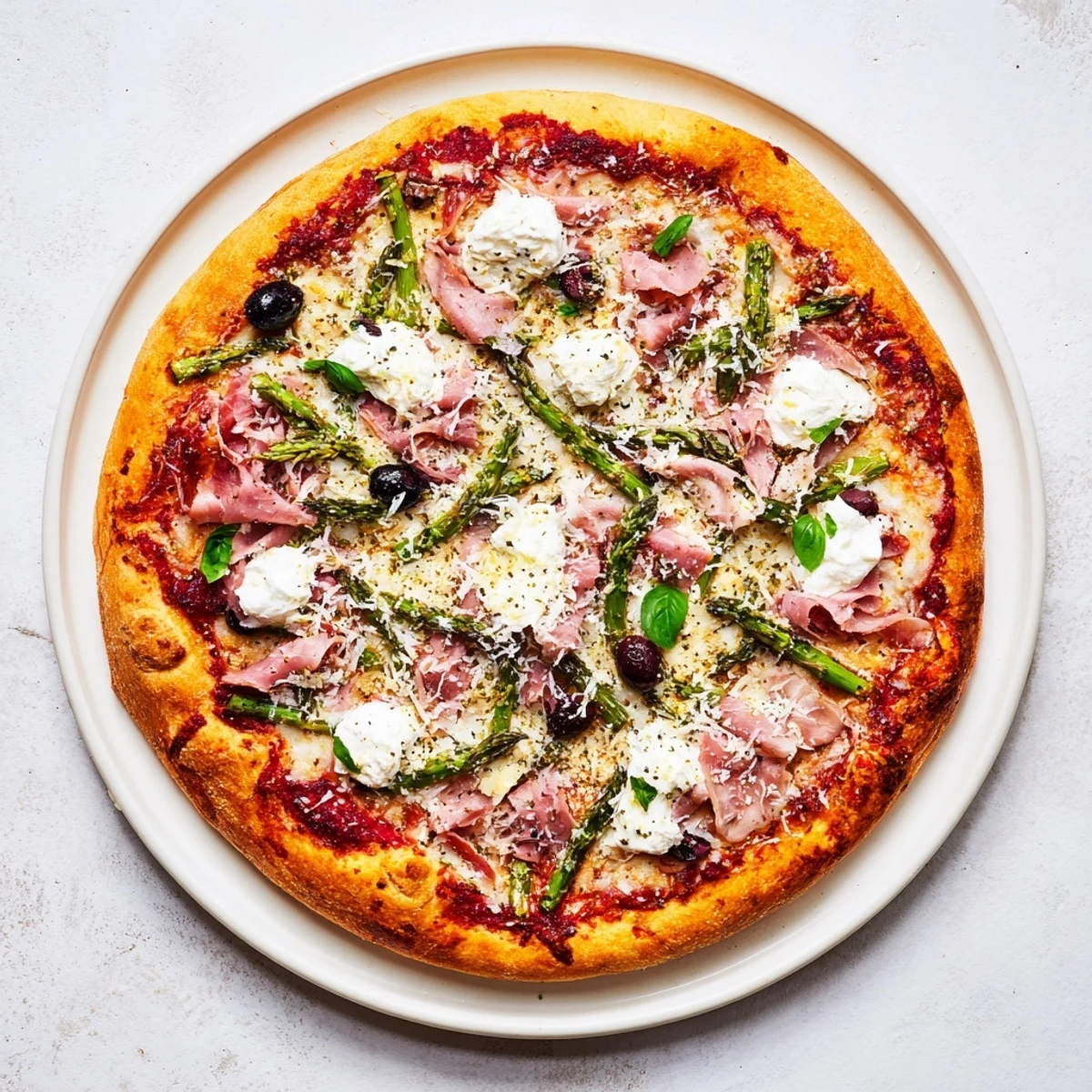 Homemade ham olive asparagus ricotta pizza featuring tender asparagus spears creamy dollops and briny olives