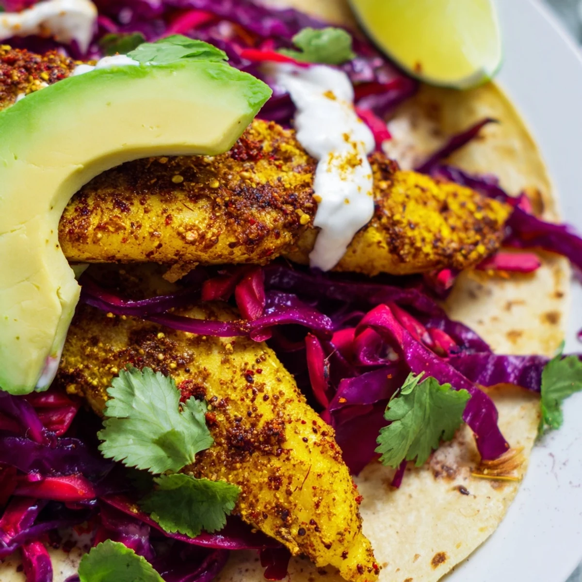 Golden spiced barramundi fish tacos topped with colorful red cabbage slaw and creamy avocado