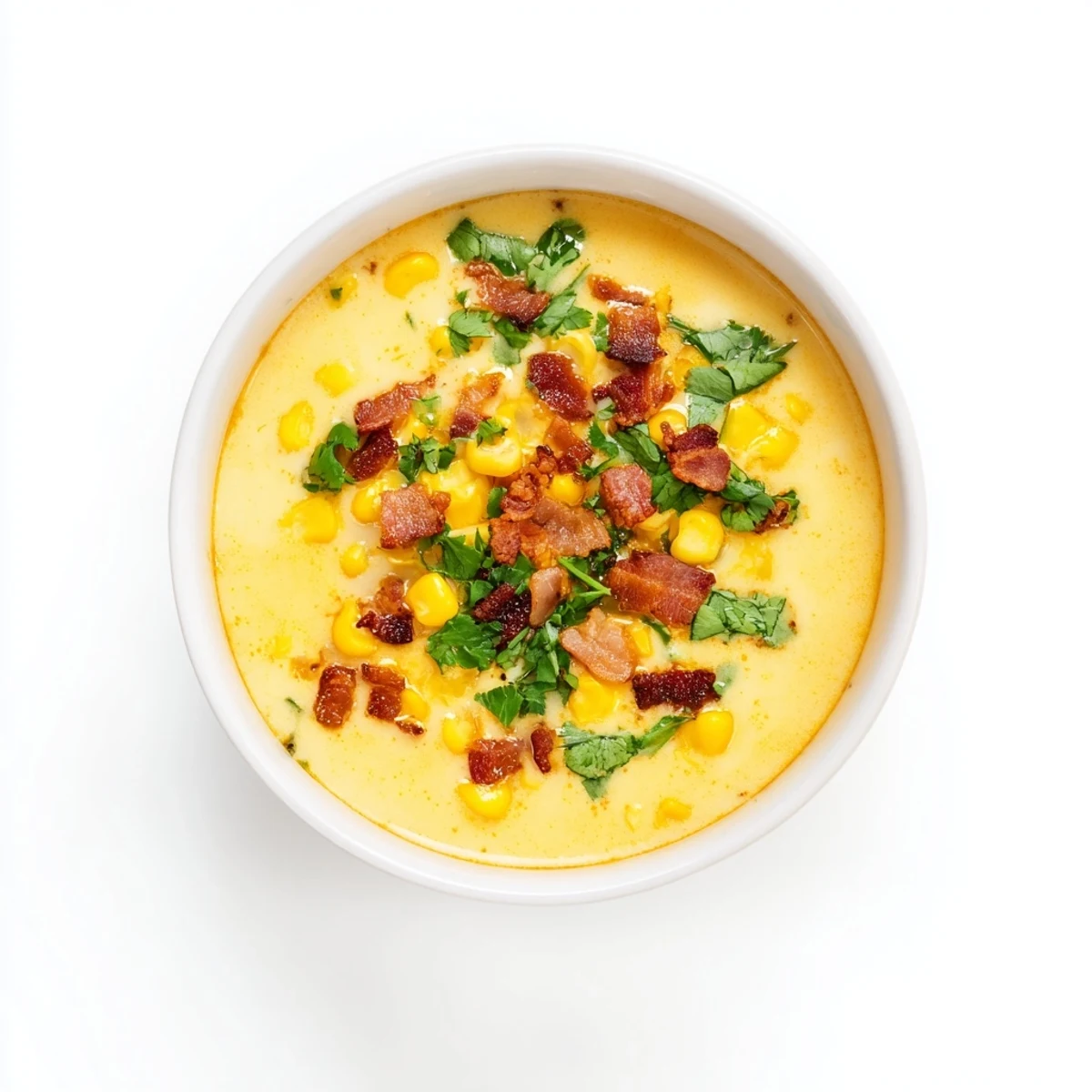Creamy hot yoghurt soup bowl topped with crispy bacon, sweet corn kernels and fresh coriander garnish