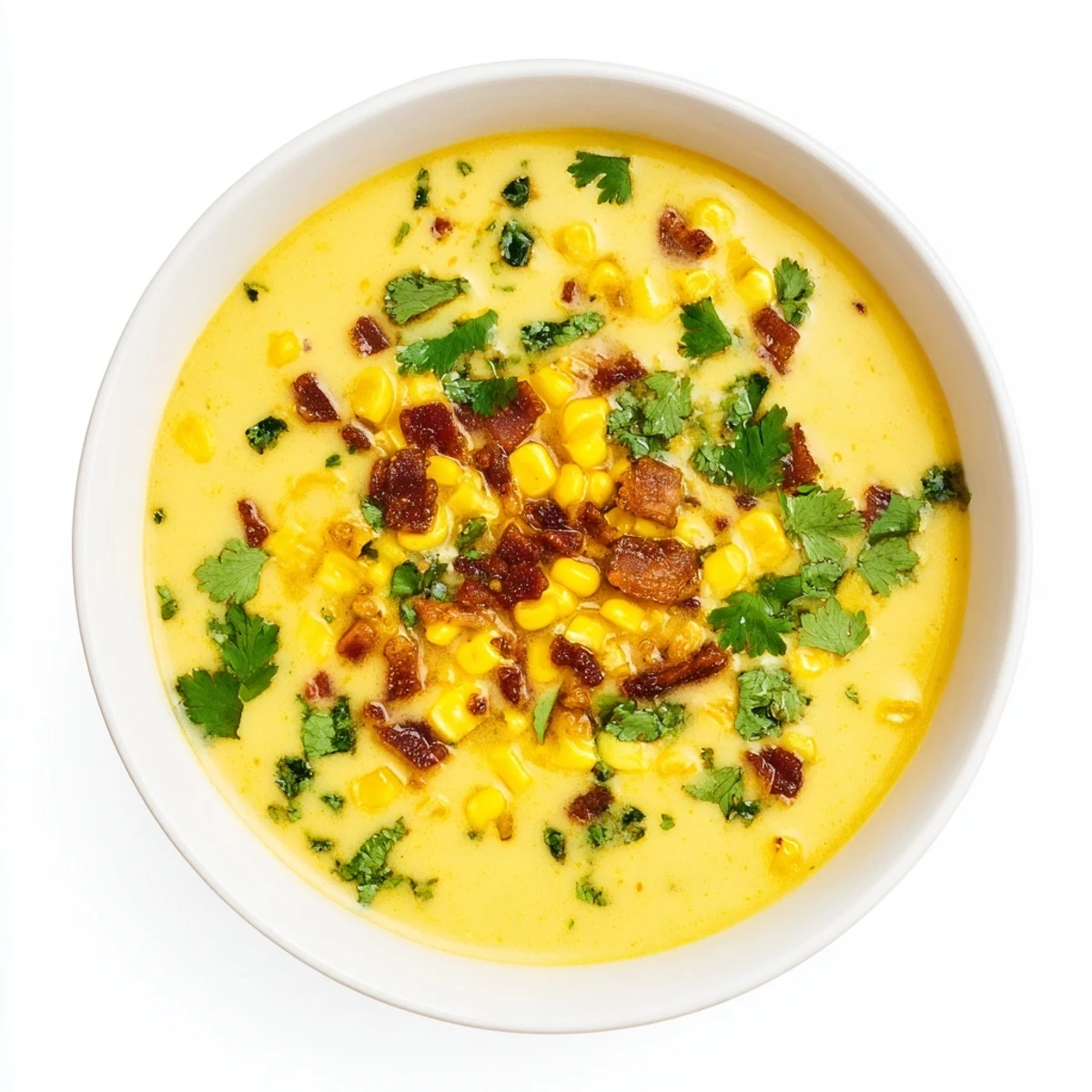 Savory yogurt soup featuring golden sweetcorn, smoky bacon crumbles and chopped cilantro in a white bowl