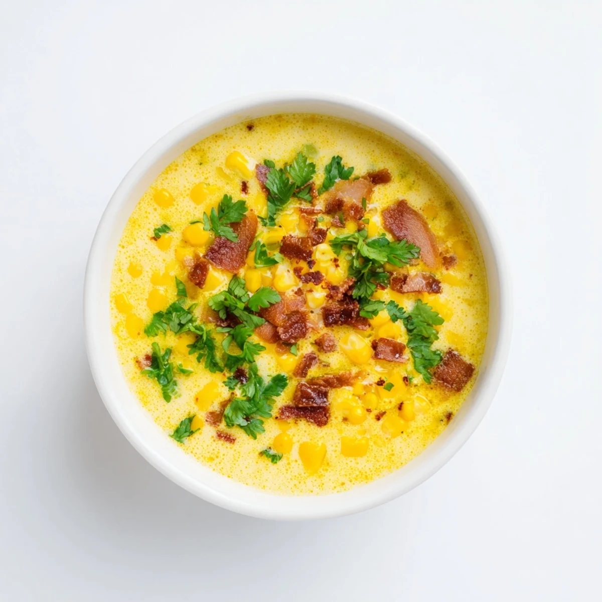 Steaming bowl of tangy yoghurt soup with corn, bacon pieces and green coriander sprinkled on top