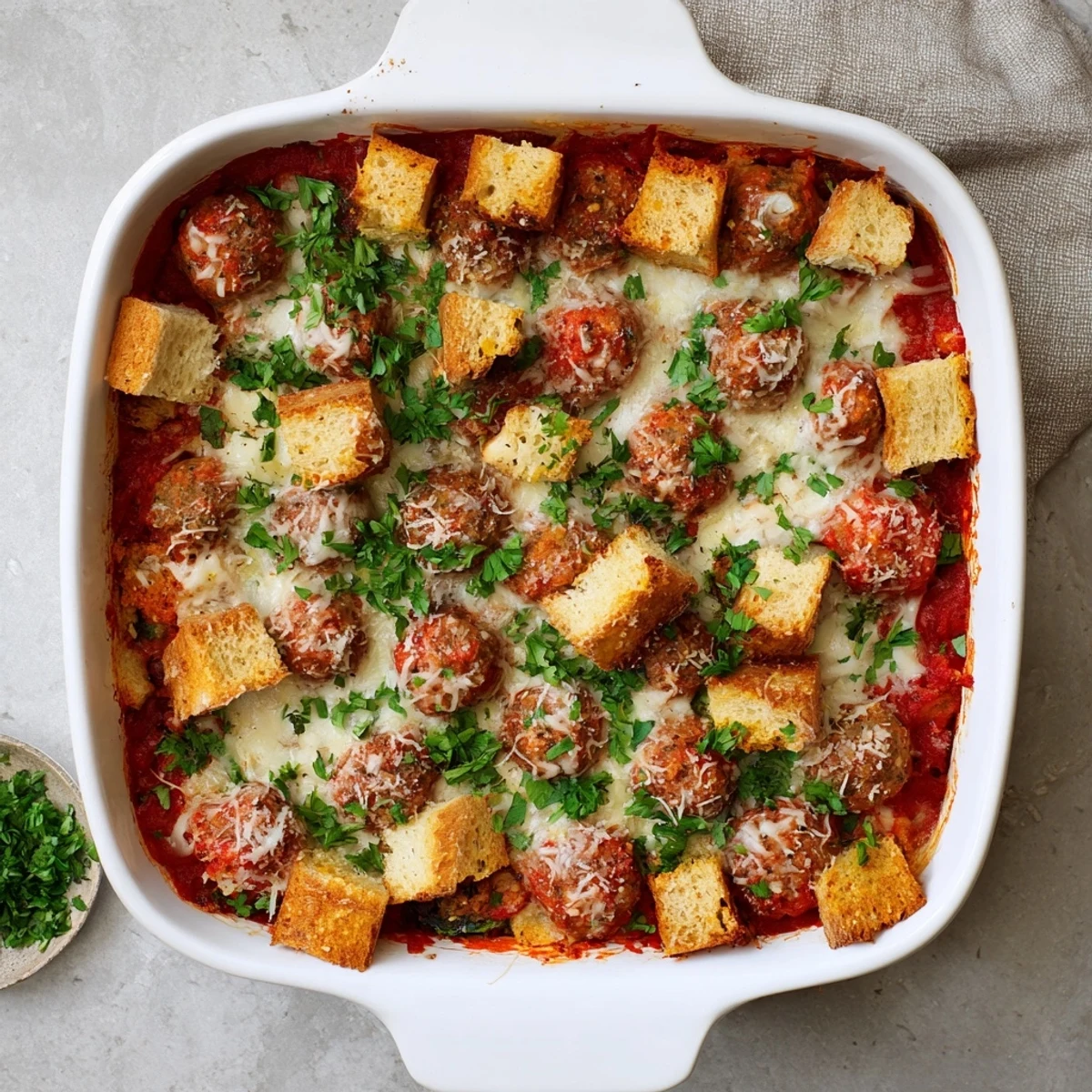 Golden turkey meatball and garlic bread bake bubbling with melted mozzarella and rich marinara sauce