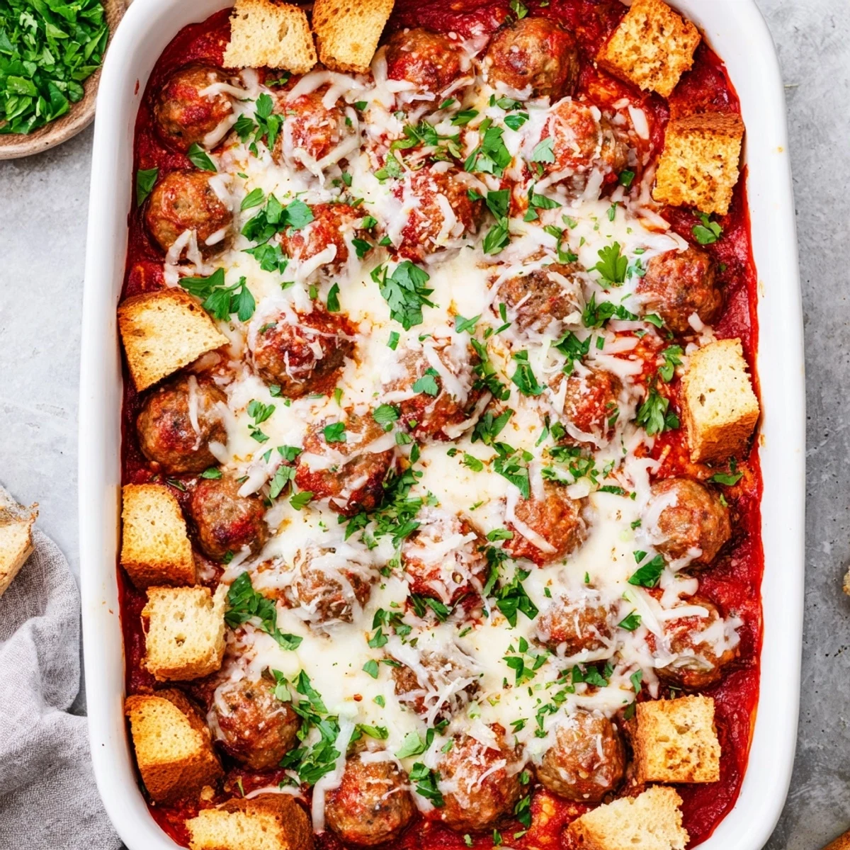 Comforting turkey meatball and garlic bread bake featuring juicy meatballs topped with crispy cheesy bread cubes