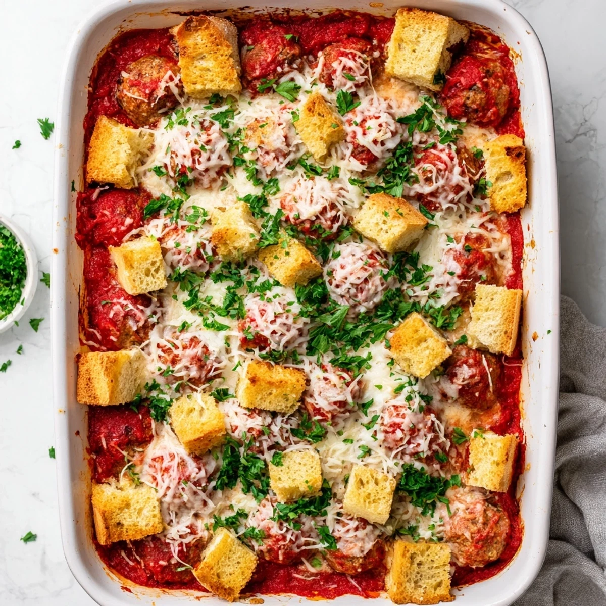 Family-friendly turkey meatball and garlic bread bake with tender meatballs smothered in tomato sauce under golden bread
