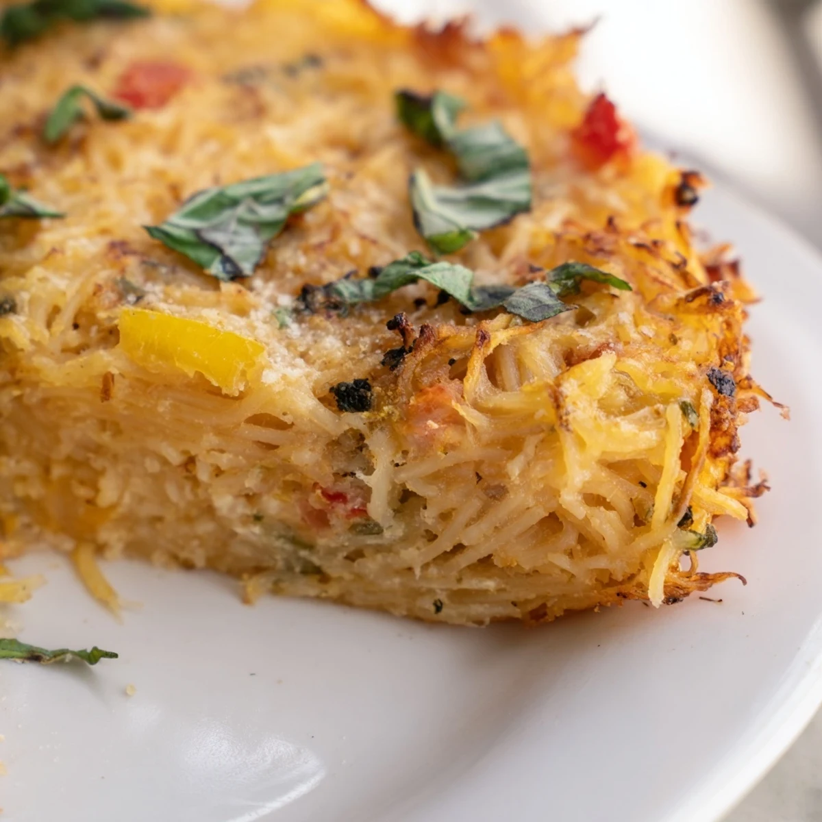 Savory spaghetti quiche with colorful peppers and onions sliced into wedges on a wooden cutting board