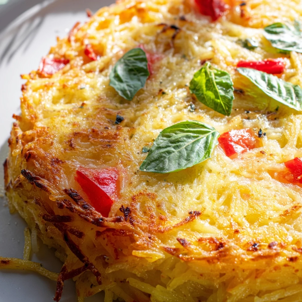 Golden brown impossible pasta pie with melted mozzarella and fresh basil garnish on a white serving plate
