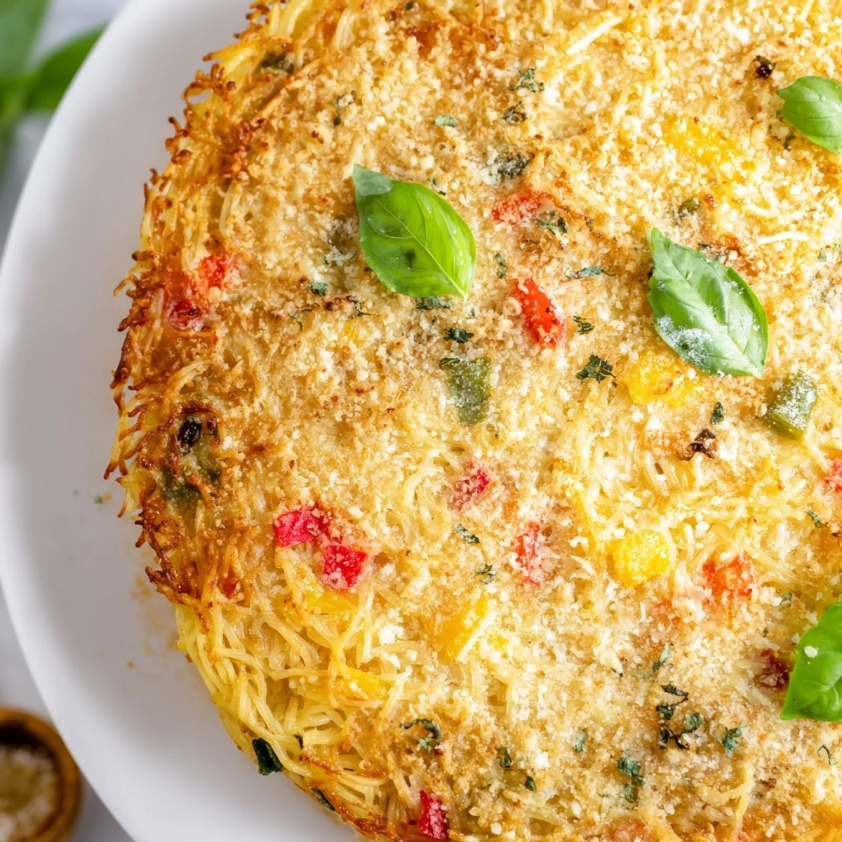 Family-style impossible pasta pie featuring tender noodles in cheesy egg custard baked to golden perfection