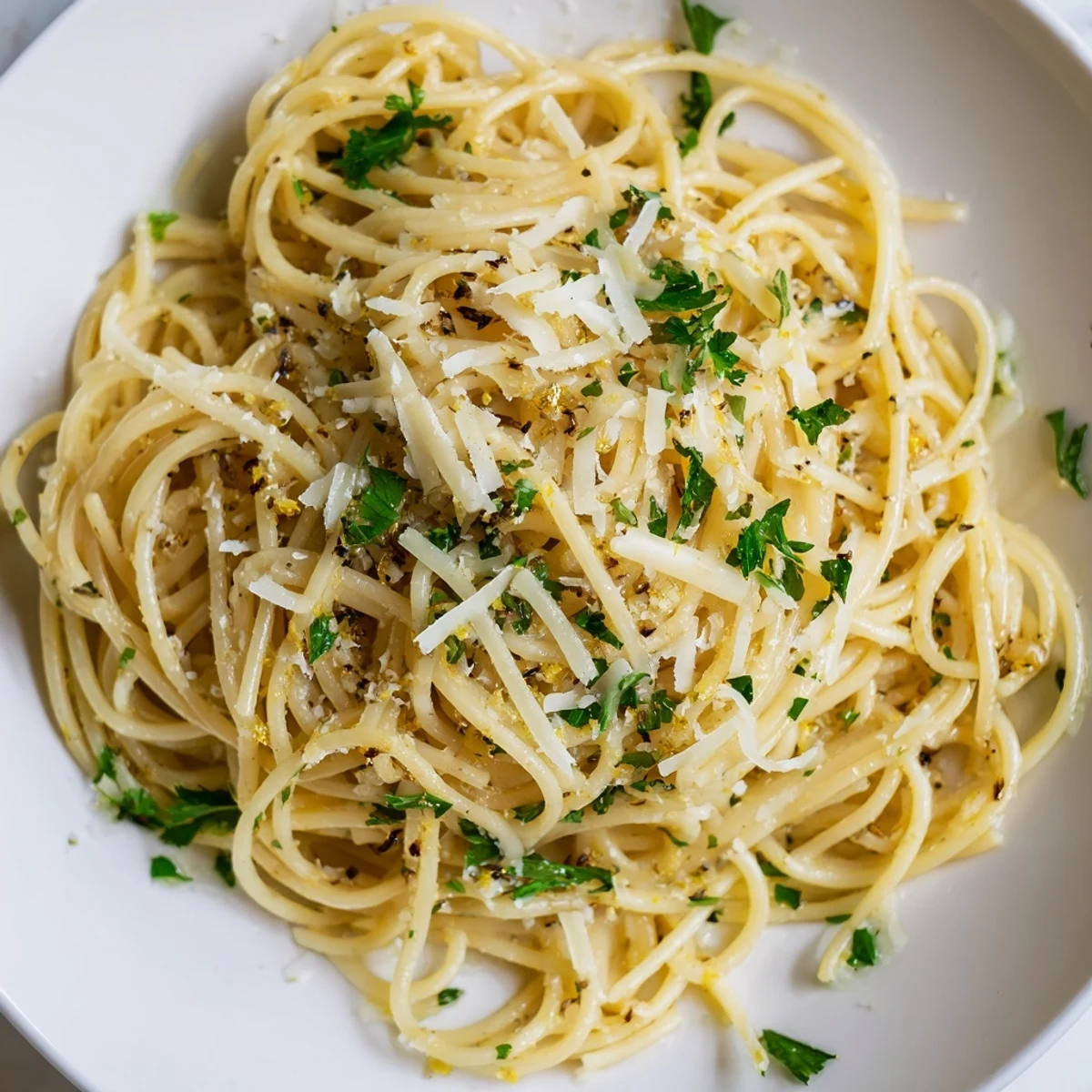 Golden garlic butter pasta twirled on a white plate, topped with fresh parsley and grated Parmesan cheese