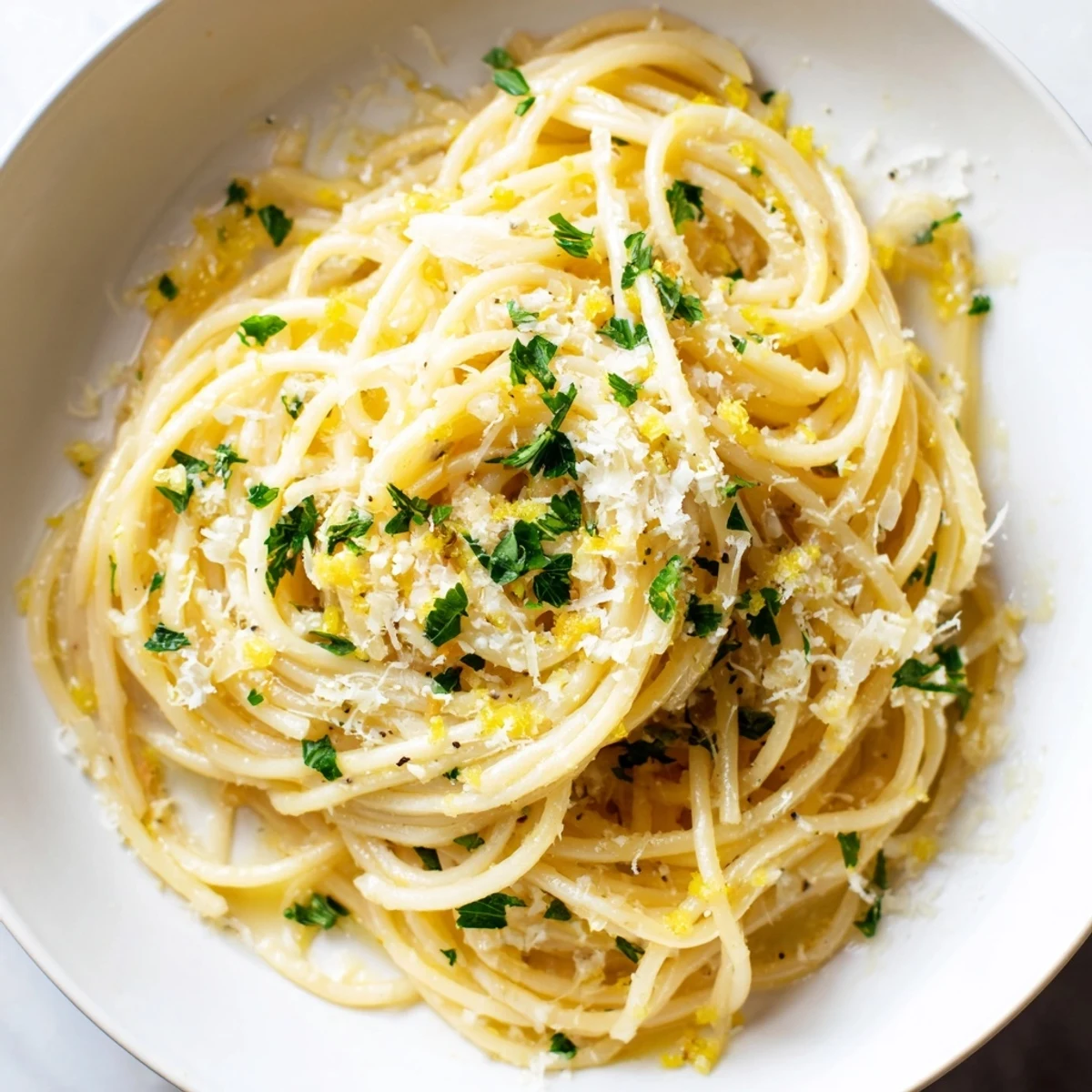 Creamy garlic butter pasta served in a bowl with sprinkled Parmesan and chopped fresh green parsley garnish