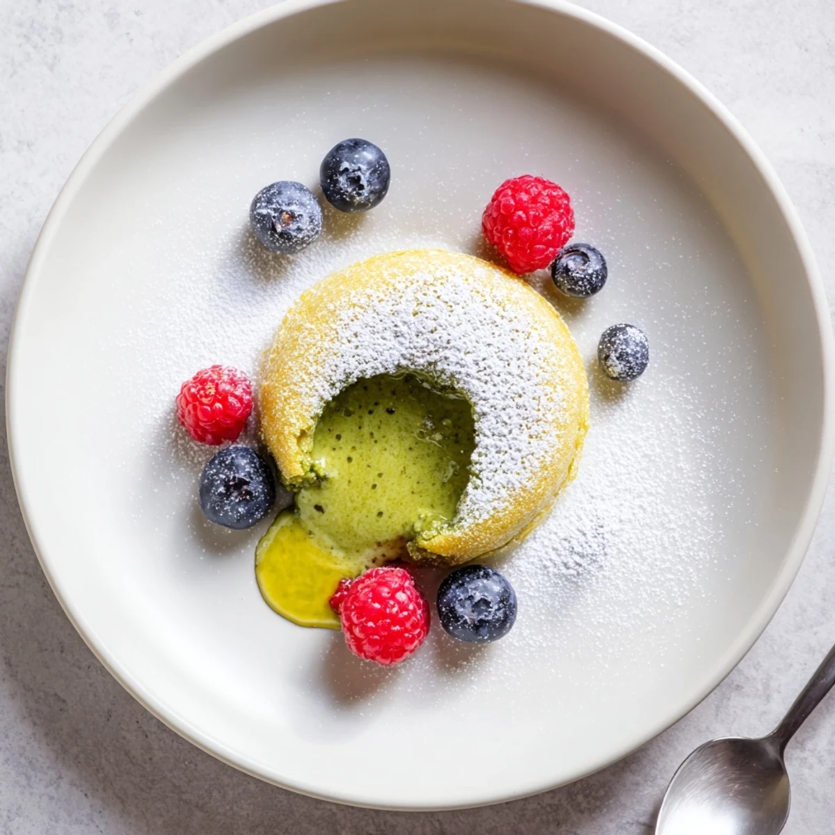 Golden matcha lava cake with molten green center flowing onto white plate
