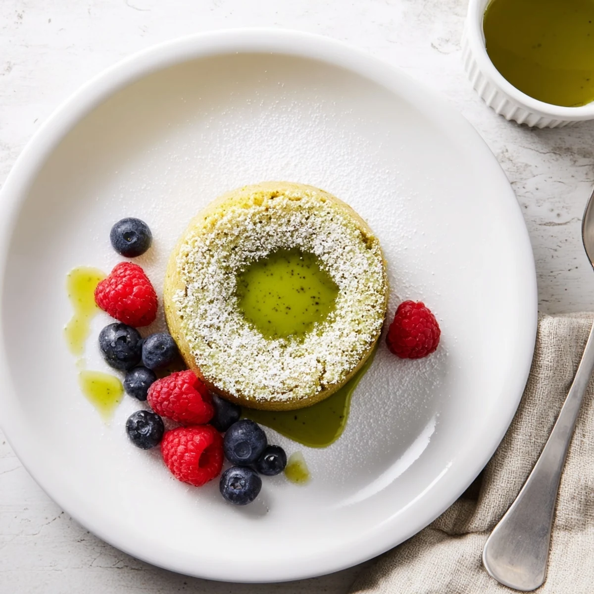 Individual matcha lava cake dusted with powdered sugar and fresh red berries