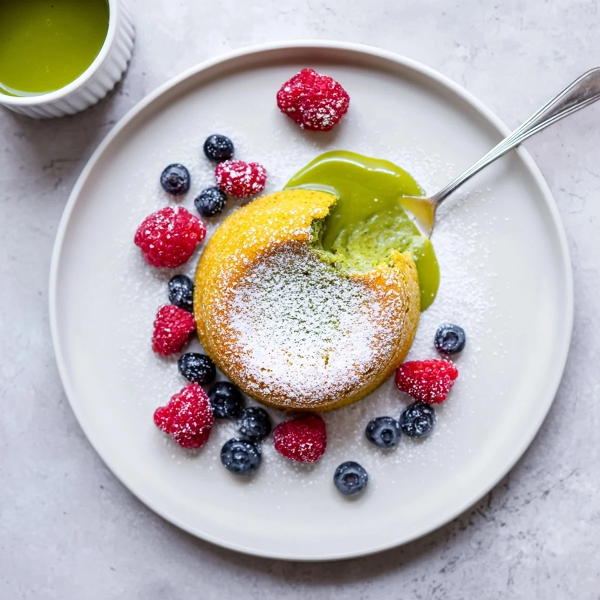 Warm matcha lava cake cut open revealing vibrant green liquid matcha center