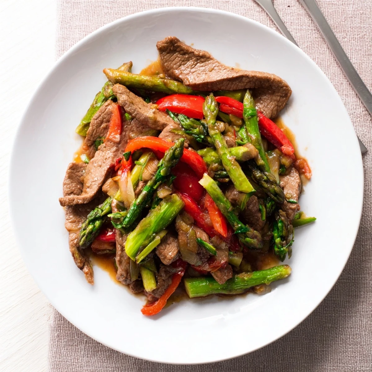 Sizzling soy beef bok choy and asparagus stir fry plated over steamed white rice with glossy sauce coating