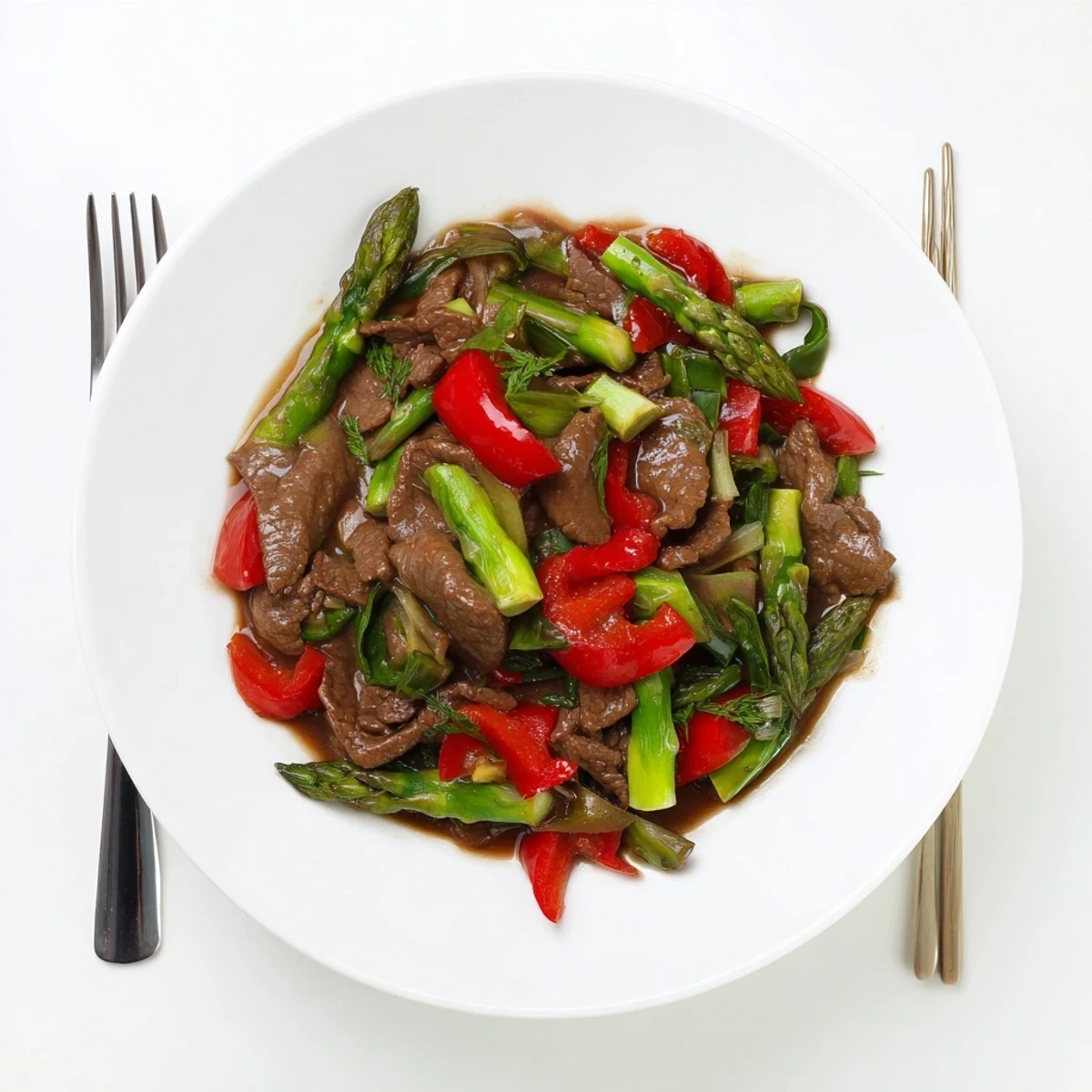 Tender beef strips tossed with crisp bok choy and fresh asparagus in savory soy stir fry sauce